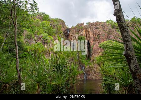 Wangi Falls is a segmented waterfall into a plunge pool on the Wangi Creek, located in Litchfield National Park, Northern Territory, Australia Stock Photo