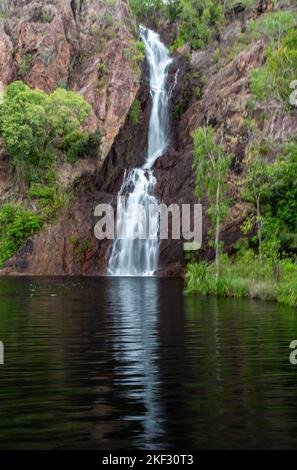 Wangi Falls is a segmented waterfall into a plunge pool on the Wangi Creek, located in Litchfield National Park, Northern Territory, Australia Stock Photo