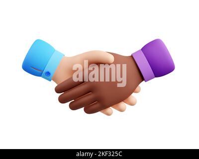 Handshake icon. Multicultural partnership, agreement, business deal, cooperation concept with diverse people hands shake, 3d render illustration isolated on white background Stock Photo