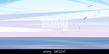 Early morning sky or heaven and water surface. Cartoon background, nature landscape with soft clouds above sea, ocean, lake, pond or river with flying birds, tranquil scenery view, Vector illustration Stock Vector