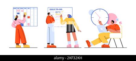 Time management, planning, tasks schedule business concept with people making notes and plan affairs in calendar or todo list. Efficient and effective multitasking work Linear flat vector illustration Stock Vector