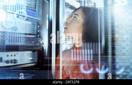 Technology, information technology and black woman check server for error, internet connection and network. Future, cyber security and it technician Stock Photo