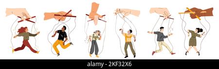 Set of people hang on ropes. Puppeteer hands controlling puppets. Manipulator playing with men and women. Characters being controlled by master, domination or authority Linear flat vector illustration Stock Vector