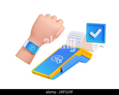 3d render hand paying with smart watch on pos terminal. Smart technologies for contactless payment concept. Electronic device for wireless nfc money transactions Illustration in cartoon plastic style Stock Photo