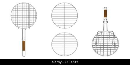 Realistic set of round steel BBQ grids with wooden handle for cooking grilled meat and vegetables isolated on white background. Vector illustration of lattice utencils for outdoor picnic, family party Stock Vector