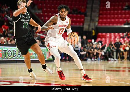 College Park, MD, USA. 15th Nov, 2022. Maryland Terrapins guard Hakim Hart (13) dribbles the ball during the NCAA basketball game between the Maryland Terrapins and the Binghamton Bearcats at Xfinity Center in College Park, MD. Reggie Hildred/CSM/Alamy Live News Stock Photo