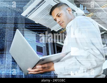 Futuristic, overlay and businessman with a laptop in a server room for ux, fintech and information technology. Coding, technology abstract and Stock Photo