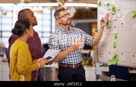 Collaborating on a creative project. a group of coworkers brainstorming at a whiteboard. Stock Photo