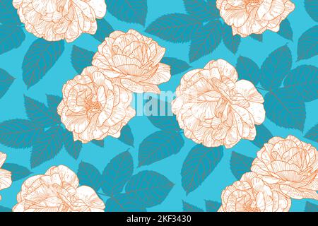Seamless pattern from white and orange contour line roses with blue green leaves on blue backdrop. Floral wallpaper design for textiles, paper, print, fashion, fabric, and card background. Stock Vector