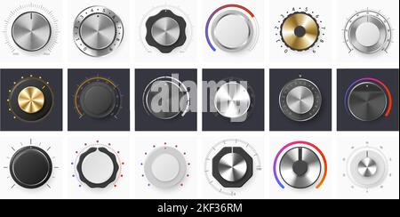 Volume control knob. Amplifier round dial level regulator, metal potentiometer knobs and audio ui knobs vector set Stock Vector