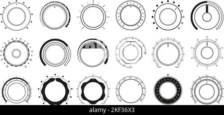 Volume adjustment dials. Round level knob, rotary control dial and sound controller interface circle switch vector set Stock Vector