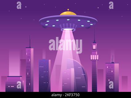 UFO Flying Spaceship with Rays of Light in Sky Night City View and Alien in Flat Cartoon Hand Drawn Templates Illustration Stock Vector