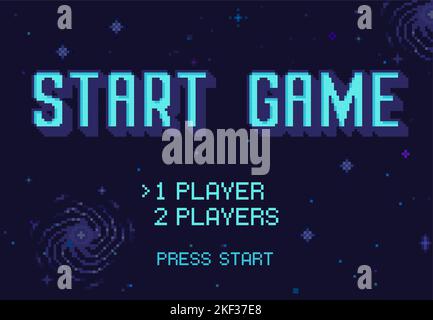 Pixel art Start Game screen. Retro 8 bit space video games starting options with press start button, starry universe background vector Illustration Stock Vector