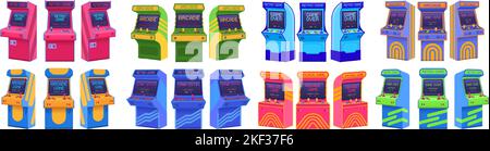 Arcade machines. Retro gaming cabinet, old game machine from different angles. Insert coin, game over and play again screens vector set Stock Vector