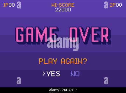Pixel art Game Over screen. Play again question with yes no options, 8 bit gaming death pop up vector Illustration Stock Vector