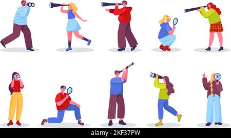 Search characters. People looking through magnifier, binoculars and spyglasses to find opportunity. Research and observation vector set Stock Vector