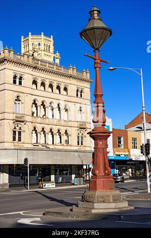Ballarat Australia /  Ballarat's beautiful Gothic Style former National Mutual Building.An old style Sugg lamp is seen in the foreground.Ballarat is r Stock Photo