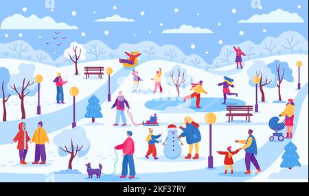 Winter park. Snowy landscape, people doing outdoor activities making snowman, skating and playing snowballs vector Illustration Stock Vector