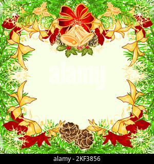 Christmas and New Year frame decoration red and golden poinsettia spruce tree branches bow  and bells and pine cones vintage vector illustration edita Stock Vector