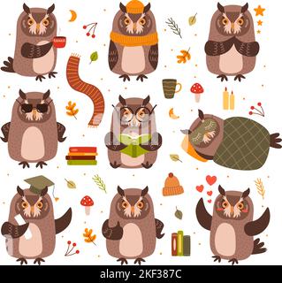 Cute owls mascots. Smart bird read book and study, owl drink coffee and sleeping under blanket cartoon vector set Stock Vector