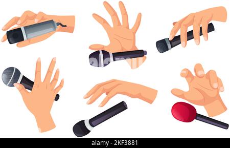 Mic drop gesture. Cartoon hand holding and dropping microphone to end performance epically isolated vector Illustration set Stock Vector