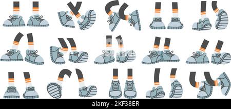 Cartoon foots with sneakers. Comic legs with shoes in walk, stand and jump poses. Stick feet with footwear, limbs for character design vector set Stock Vector