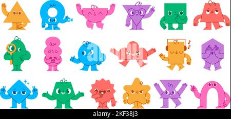 Abstract shapes characters. Geometric mascot faces with funny emotions, hands and legs. Cute circle, triangle and square shape objects vector set Stock Vector