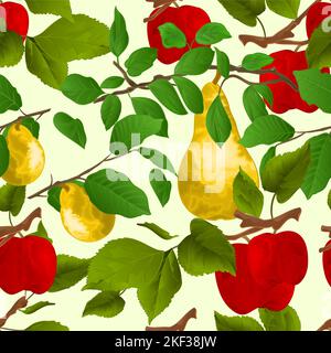 Seamless texture branch apple tree with red apples and yellow ripe pear   autumn background watercolor vitage vector  illustration editable hand draw Stock Vector