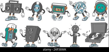 Retro music characters. Disco ball mascot, vinyl record, 80s cassette and CD. Turntable, tape and compact disk players. Analogue audio vector set Stock Vector