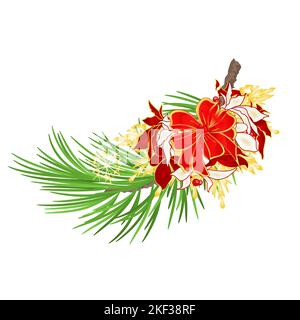 Christmas and New Year decoration Christmas ornaments with ribbon and red and white poinsettia  fir tree branch on a white background vintage vector i Stock Vector