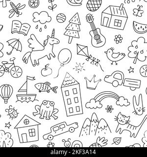 Children drawings seamless pattern. Kids doodle texture. Hand drawn cute house, cat, frog, unicorn. Baby seamless pattern. Editable stroke. Vector Stock Vector