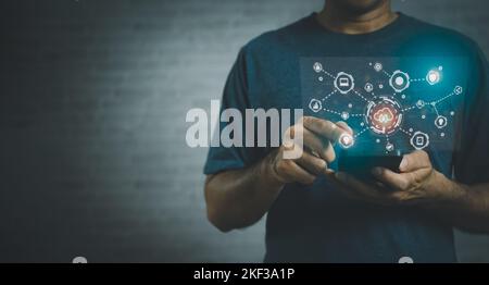 Man holding smart mobile phone use finger touch on mobile screen with cloud computing diagram show on hand. Cloud technology. Data storage. Networking Stock Photo