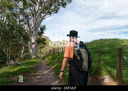 Hiking Te Mata Peak track among farmland. Hawke’s Bay. New Zealand. Stock Photo