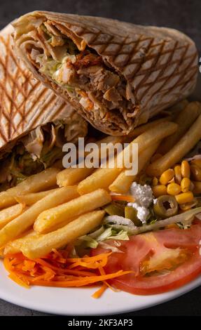 Close up meat chicken doner, food shot, wrapper doner Stock Photo