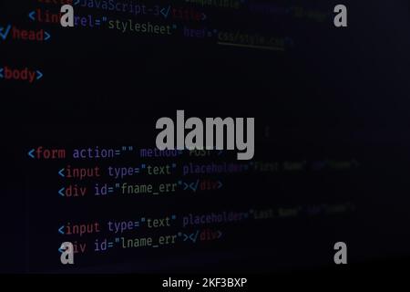 HTML5 main menu in code editor for website development, implementing SEO concepts for better SERP. search engine optimization for better rankings with Stock Photo