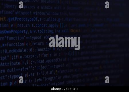 Software developer programming code. Abstract modern virtual computer script. Work of software developer programmer on desktop screen closeup. Online Stock Photo