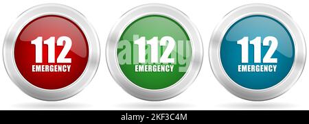 Number emergency 112 vector icon set. Red, blue and green silver metallic web buttons with chrome border Stock Vector