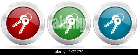 Keys vector icon set. Red, blue and green silver metallic web buttons with chrome border Stock Vector