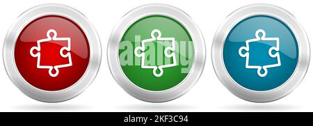 Puzzle vector icon set. Red, blue and green silver metallic web buttons with chrome border Stock Vector
