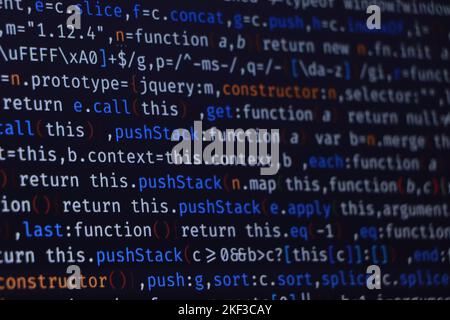 Software source code. Programming code. Programming code on computer screen. Developer working on program codes in office. Source code photo. Technolo Stock Photo