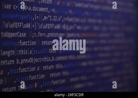 Programming code on black background. It is HTML and javascript code with highlighted scripts and functions. Script on computer with source code – scr Stock Photo