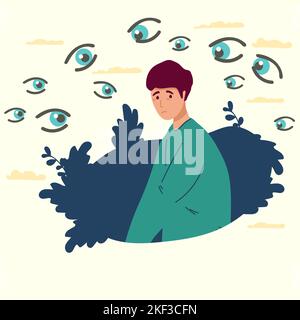 Panic of chase and Inner fears concept. Young stressed woman standing feeling invisible eyes around her feeling panic and nervous problems vector Stock Vector