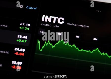 The Intel Corporation, INTC, on the New York Stock Exchange (NYSE) is seen on a screen, viewing the stock price for the technology company. Stock Photo
