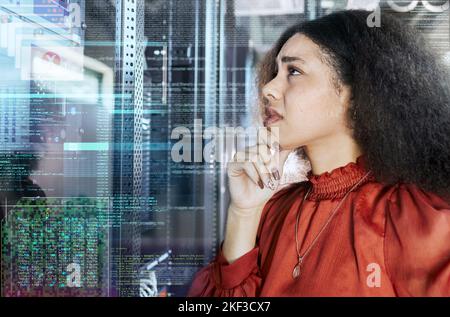 Black woman, web technology and code on hologram in ux design and cybersecurity glitch or crypto software. Digital coding error and blockchain 404 Stock Photo
