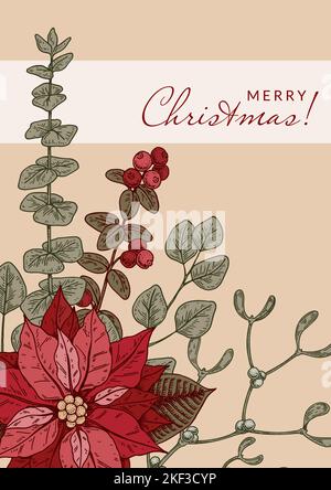 Merry Christmas and Happy New Year vertical greeting card with hand drawn poinsettia flower and mistletoe brunch. Festive colorful background. Vector Stock Vector