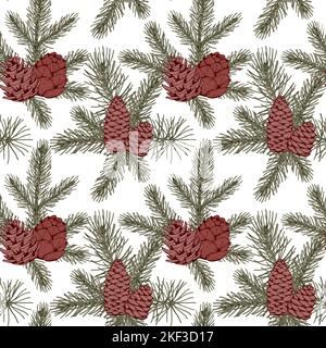 Merry Christmas and Happy New Year seamless pattern with fir tree branches and cones. Vector illustration in sketch style. Festive background Stock Vector