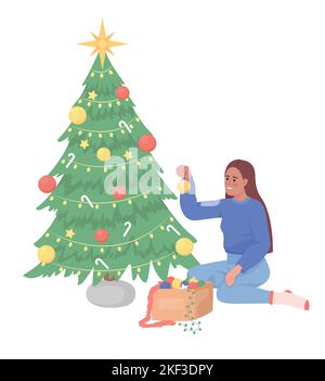 Lady decorating christmas tree semi flat color vector character Stock Vector