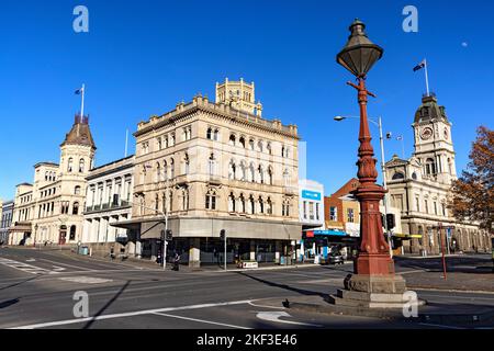 Ballarat Australia /  An ornate Sugg Lamp stands facing Ballarat's beautiful Gothic Style former National Mutual Building, and Craigs Royal Hotel is i Stock Photo