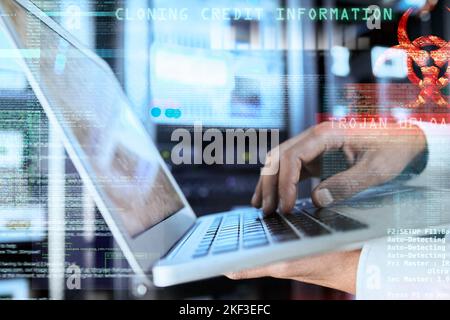 Hacker, laptop and hands with credit card information typing data with digital cybersecurity overlay for information technology. Hacking, cyberpunk Stock Photo