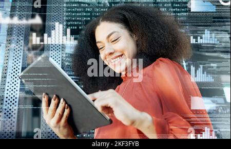 Woman, tablet and futuristic online financial trading with internet connection. Blockchain, hologram and digital tablet with a female accountant using Stock Photo
